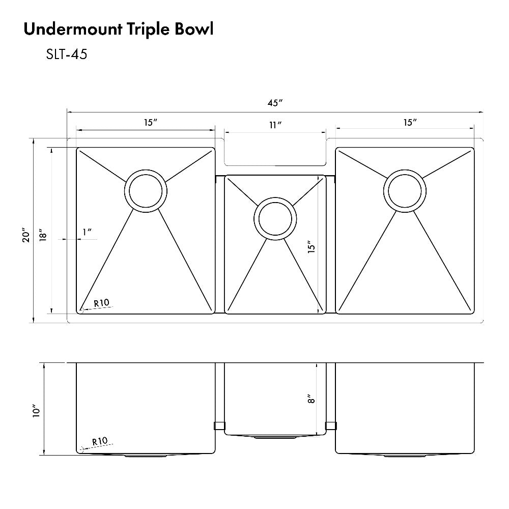 ZLINE Breckenridge 45 in. Undermount Triple Bowl Stainless Steel Kitchen Sink with Bottom Grid and Accessories (SLT-45) dimensional diagram.