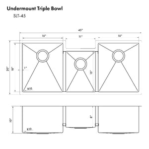 ZLINE Breckenridge 45 in. Undermount Triple Bowl Stainless Steel Kitchen Sink with Bottom Grid and Accessories (SLT-45) dimensional diagram.