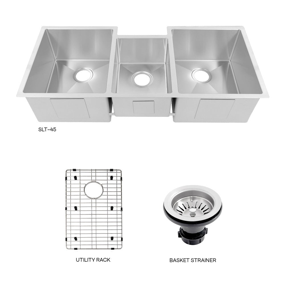 ZLINE Breckenridge 45 in. Undermount Triple Bowl Stainless Steel Kitchen Sink with Bottom Grid and Accessories (SLT-45) with utility rack and basket strainer.