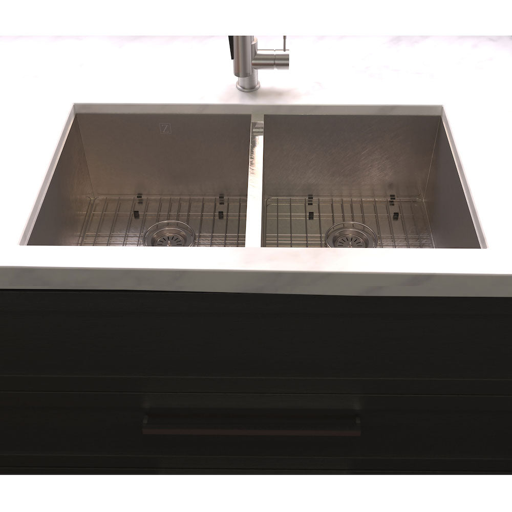 ZLINE Anton 33 in. Undermount Double Bowl Scratch Resistant Stainless Steel Kitchen Sink with Bottom Grid (SR50D-33S) in a farmhouse-style kitchen, side.