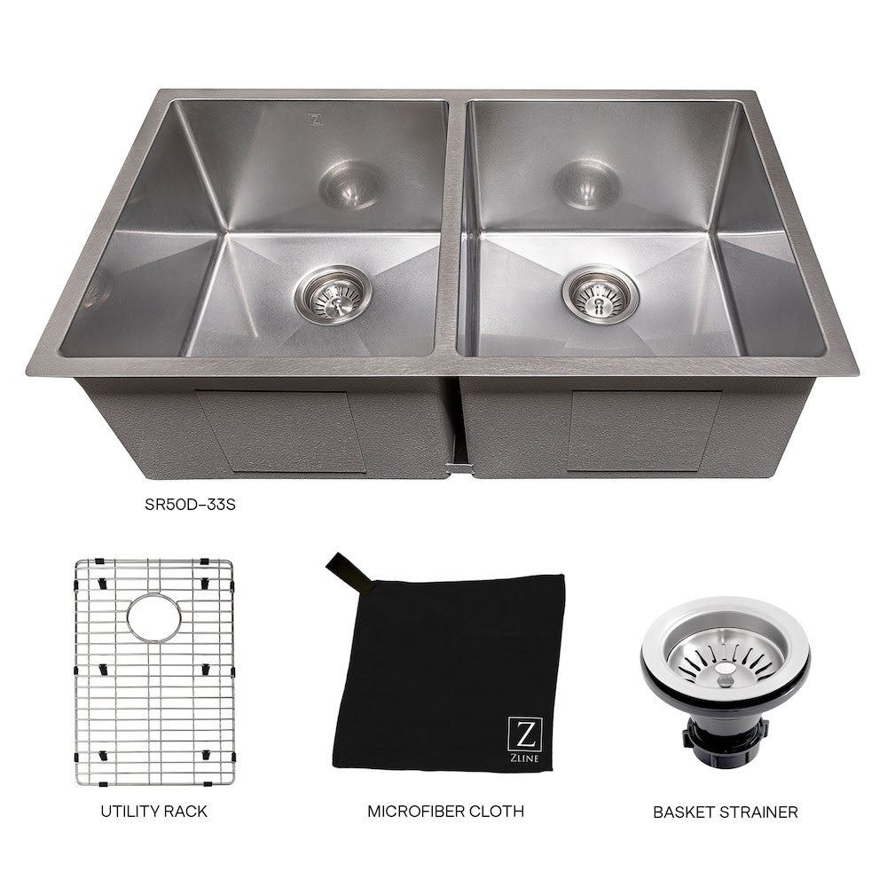 ZLINE Anton 33 in. Undermount Double Bowl Scratch Resistant Stainless Steel Kitchen Sink with Bottom Grid (SR50D-33S) with utility rack, microfiber cloth, and basket strainer.