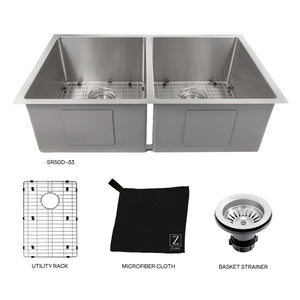 ZLINE Anton 33 in. Undermount Double Bowl Stainless Steel Kitchen Sink with Bottom Grid (SR50D-33) with utility rack, microfiber cloth, basket strainer.