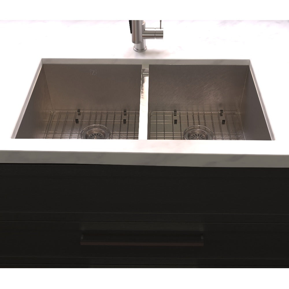 ZLINE Anton 36 in. Undermount Double Bowl Scratch Resistant Stainless Steel Kitchen Sink with Bottom Grid (SR50D-36S) in a farmhouse-style kitchen, above.