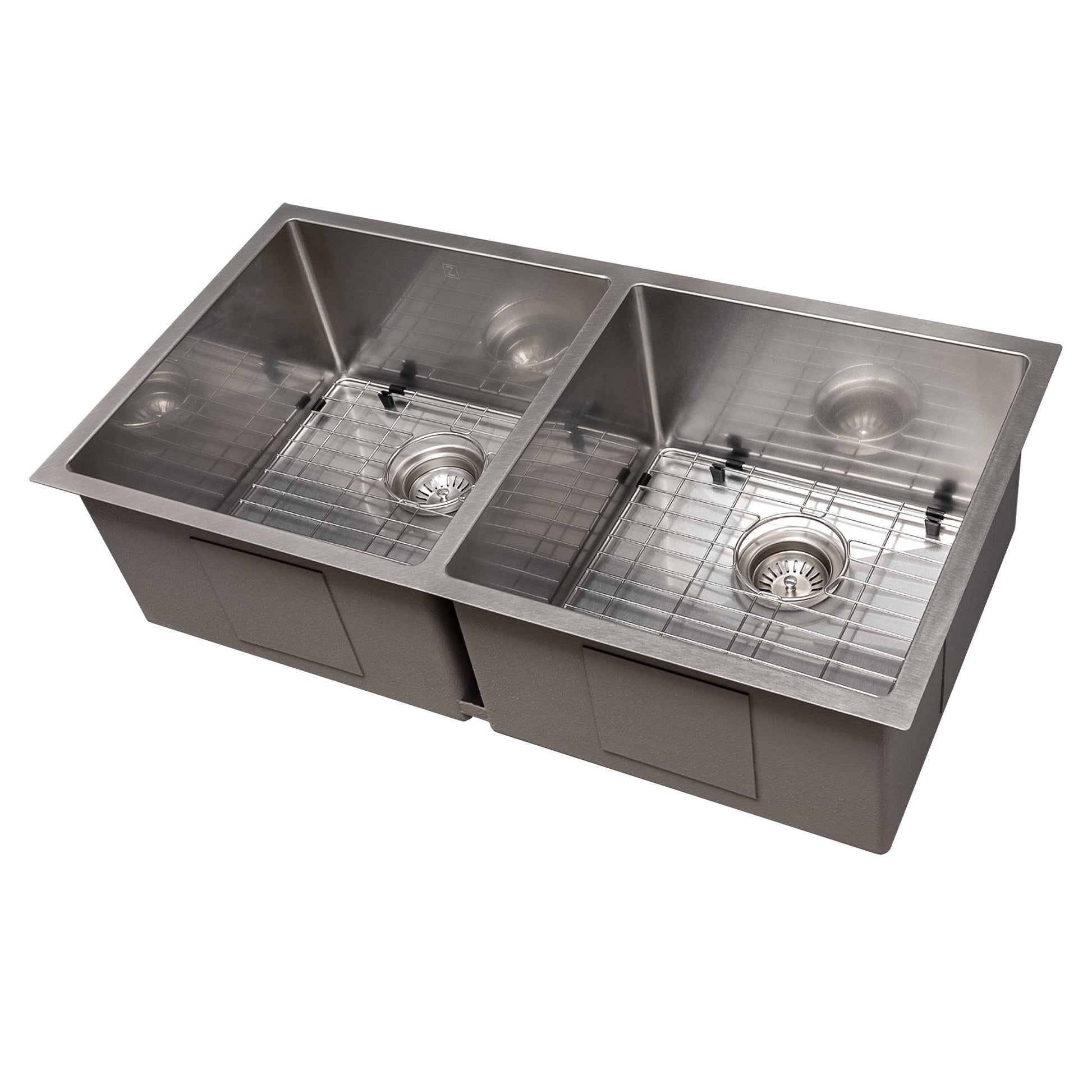 ZLINE Anton 36 in. Undermount Double Bowl Scratch Resistant Stainless Steel Kitchen Sink with Bottom Grid (SR50D-36S) side, with grate.