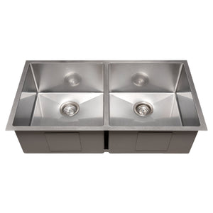 ZLINE Anton 36 in. Undermount Double Bowl Scratch Resistant Stainless Steel Kitchen Sink with Bottom Grid (SR50D-36S) front, no grate.