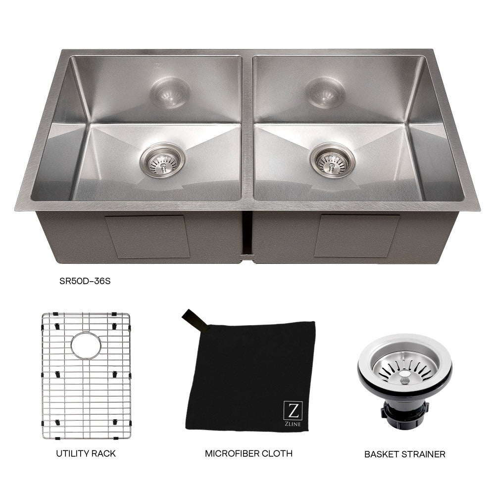 ZLINE Anton 36 in. Undermount Double Bowl Scratch Resistant Stainless Steel Kitchen Sink with Bottom Grid (SR50D-36S) with utility rack, microfiber cloth, and basket strainer.