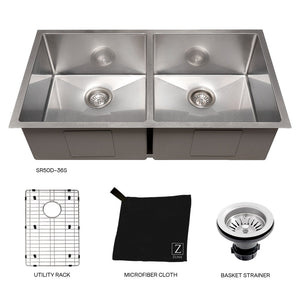 ZLINE Anton 36 in. Undermount Double Bowl Scratch Resistant Stainless Steel Kitchen Sink with Bottom Grid (SR50D-36S) with utility rack, microfiber cloth, and basket strainer.