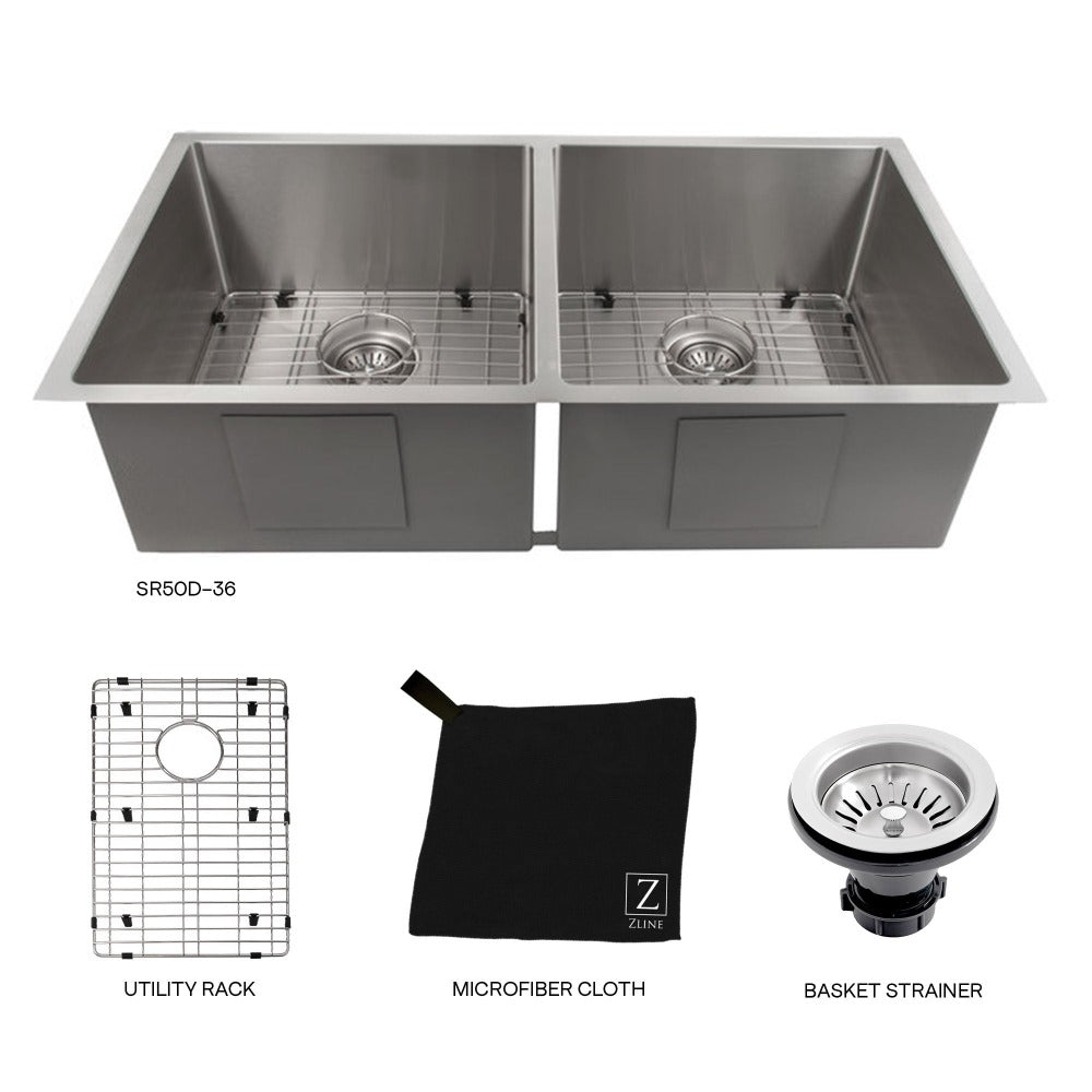 ZLINE Anton 36 in. Undermount Double Bowl Stainless Steel Kitchen Sink with Bottom Grid (SR50D-36) with utility rack, microfiber cloth, and basket strainer.