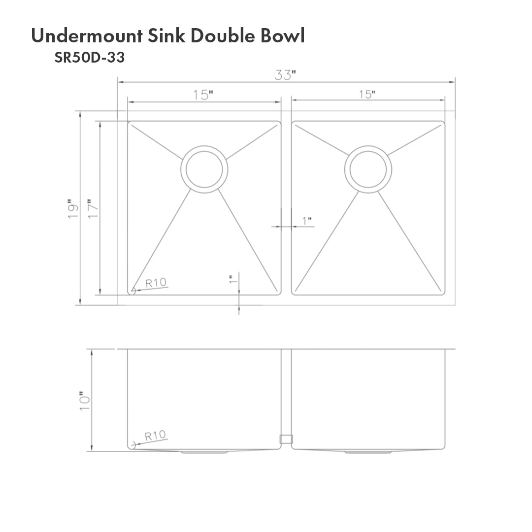 ZLINE Anton 33 in. Undermount Double Bowl Stainless Steel Kitchen Sink with Bottom Grid (SR50D-33) dimensional diagram.