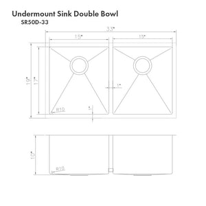 ZLINE Anton 33 in. Undermount Double Bowl Stainless Steel Kitchen Sink with Bottom Grid (SR50D-33) dimensional diagram.