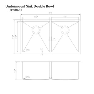 ZLINE Anton 33 in. Undermount Double Bowl Stainless Steel Kitchen Sink with Bottom Grid (SR50D-33) dimensional diagram.