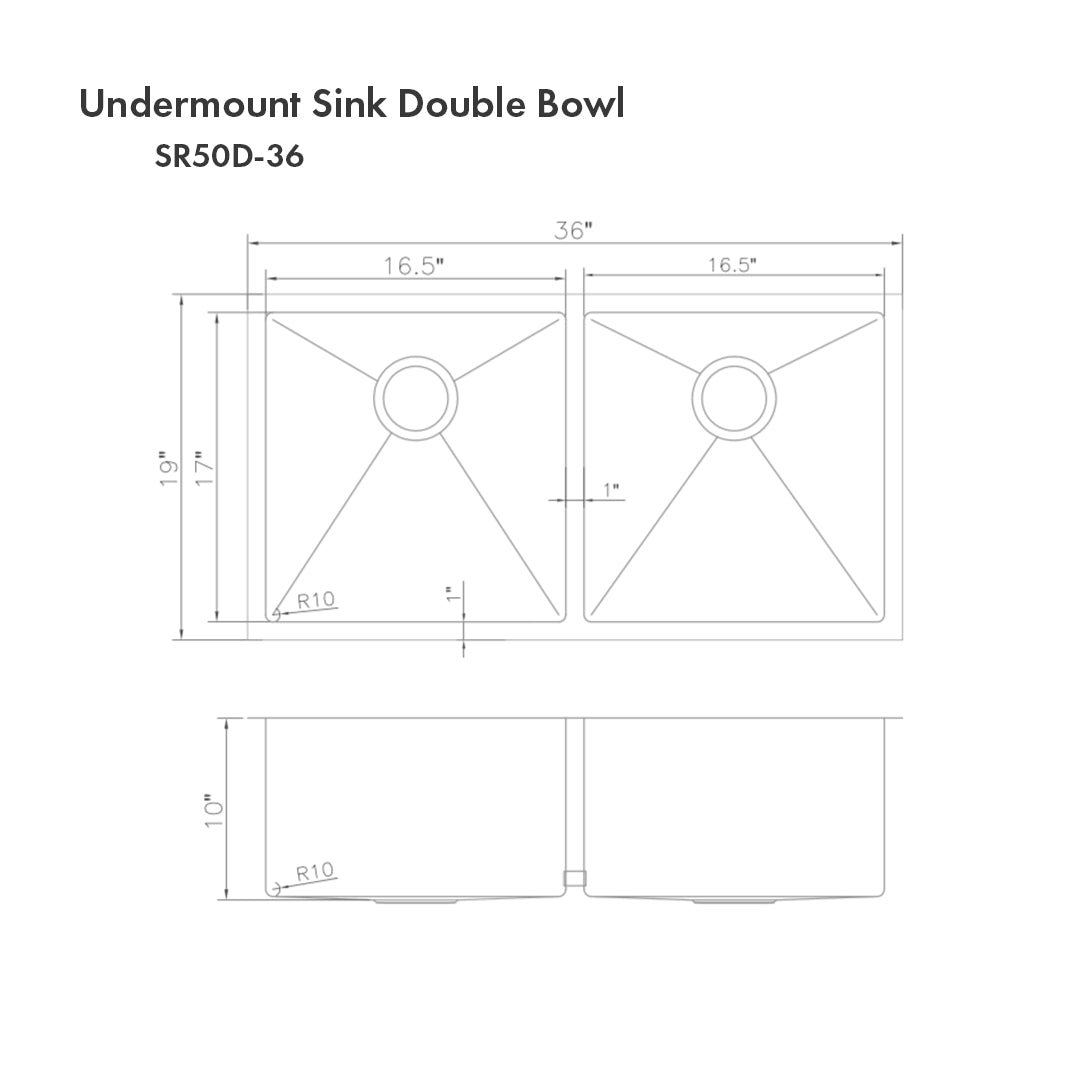 ZLINE Anton 36 in. Undermount Double Bowl Stainless Steel Kitchen Sink with Bottom Grid (SR50D-36) dimensional diagram.