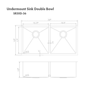 ZLINE Anton 36 in. Undermount Double Bowl Stainless Steel Kitchen Sink with Bottom Grid (SR50D-36) dimensional diagram.