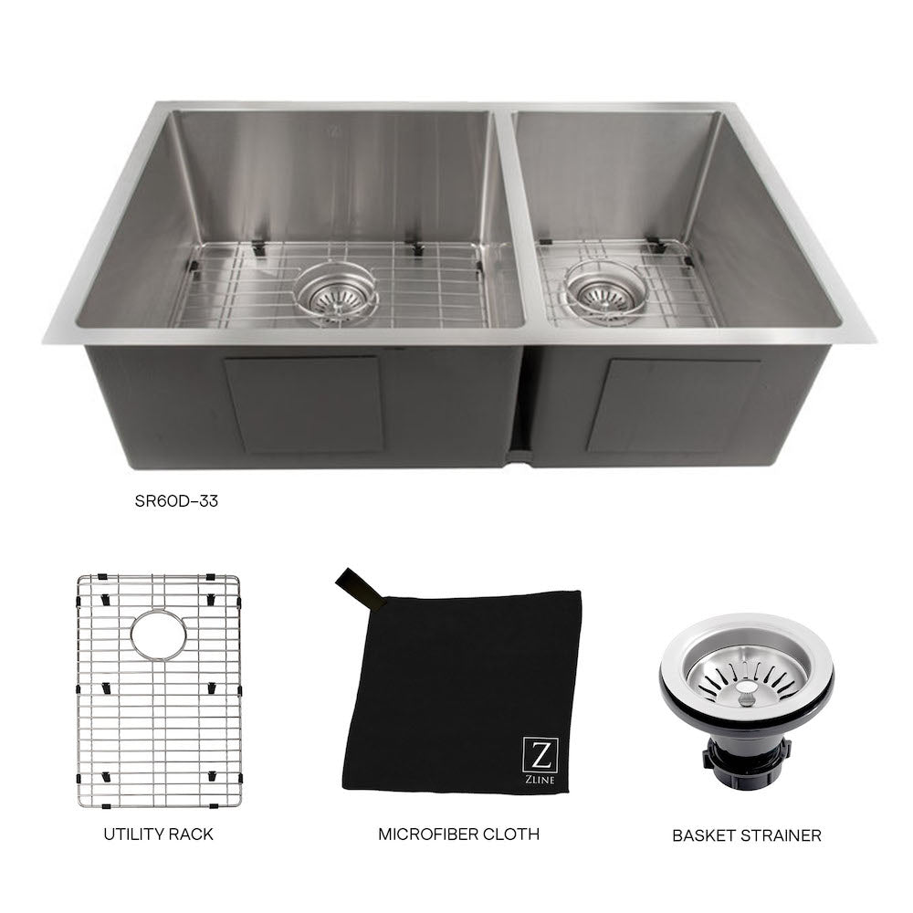 ZLINE Chamonix 33 in. Undermount Double Bowl Stainless Steel Kitchen Sink with Bottom Grid (SR60D-33) with utility rack, microfiber cloth, and basket strainer.