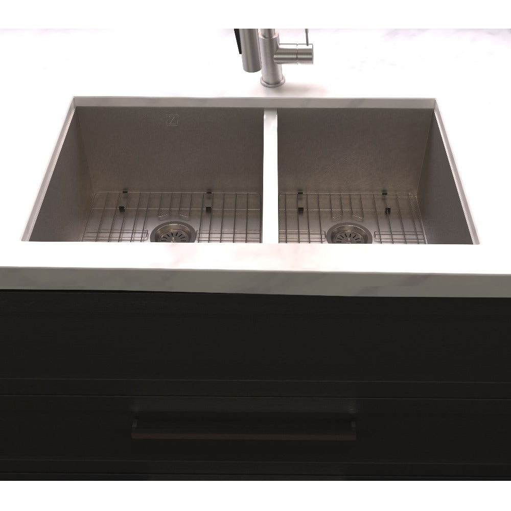 ZLINE Chamonix 33 in. Undermount Double Bowl Scratch Resistant Stainless Steel Kitchen Sink with Bottom Grid (SR60D-33S) in a farmhouse-style kitchen, front.