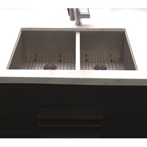 ZLINE Chamonix 33 in. Undermount Double Bowl Scratch Resistant Stainless Steel Kitchen Sink with Bottom Grid (SR60D-33S) in a farmhouse-style kitchen, front.