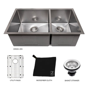 ZLINE Chamonix 33 in. Undermount Double Bowl Scratch Resistant Stainless Steel Kitchen Sink with Bottom Grid (SR60D-33S) with utility rack, microfiber cloth, and basket strainer.