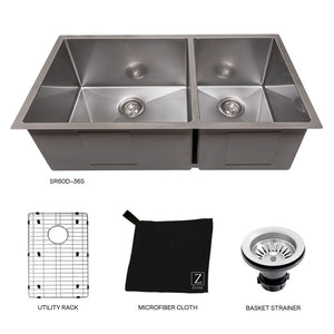 ZLINE Chamonix 36 in. Undermount Double Bowl Scratch Resistant Stainless Steel Kitchen Sink with Bottom Grid (SR60D-36S) with utility rack, microfiber cloth, and basket strainer.