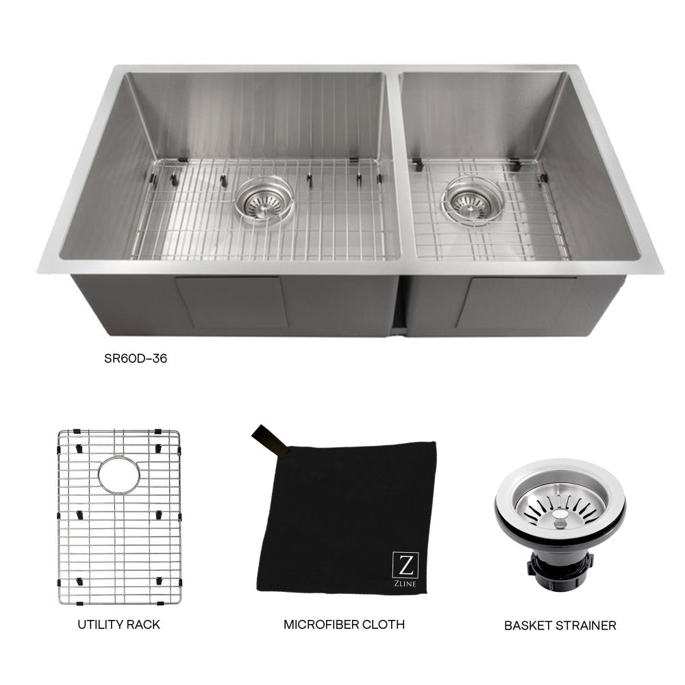 ZLINE Chamonix 36 in. Undermount Double Bowl Stainless Steel Kitchen Sink with Bottom Grid (SR60D-36) with utility rack, microfiber cloth, and basket strainer.