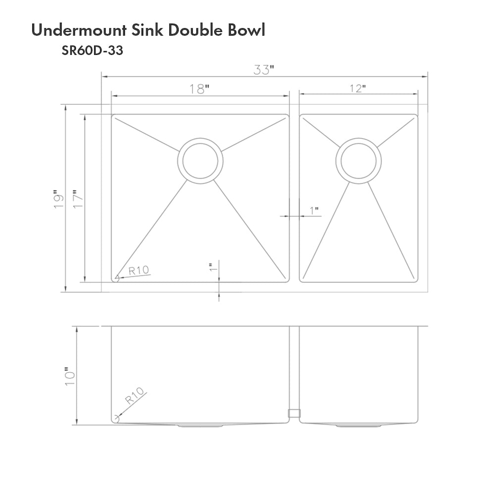 ZLINE Chamonix 33 in. Undermount Double Bowl Stainless Steel Kitchen Sink with Bottom Grid (SR60D-33) dimensional diagram.