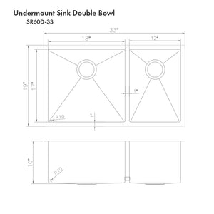 ZLINE Chamonix 33 in. Undermount Double Bowl Stainless Steel Kitchen Sink with Bottom Grid (SR60D-33) dimensional diagram.