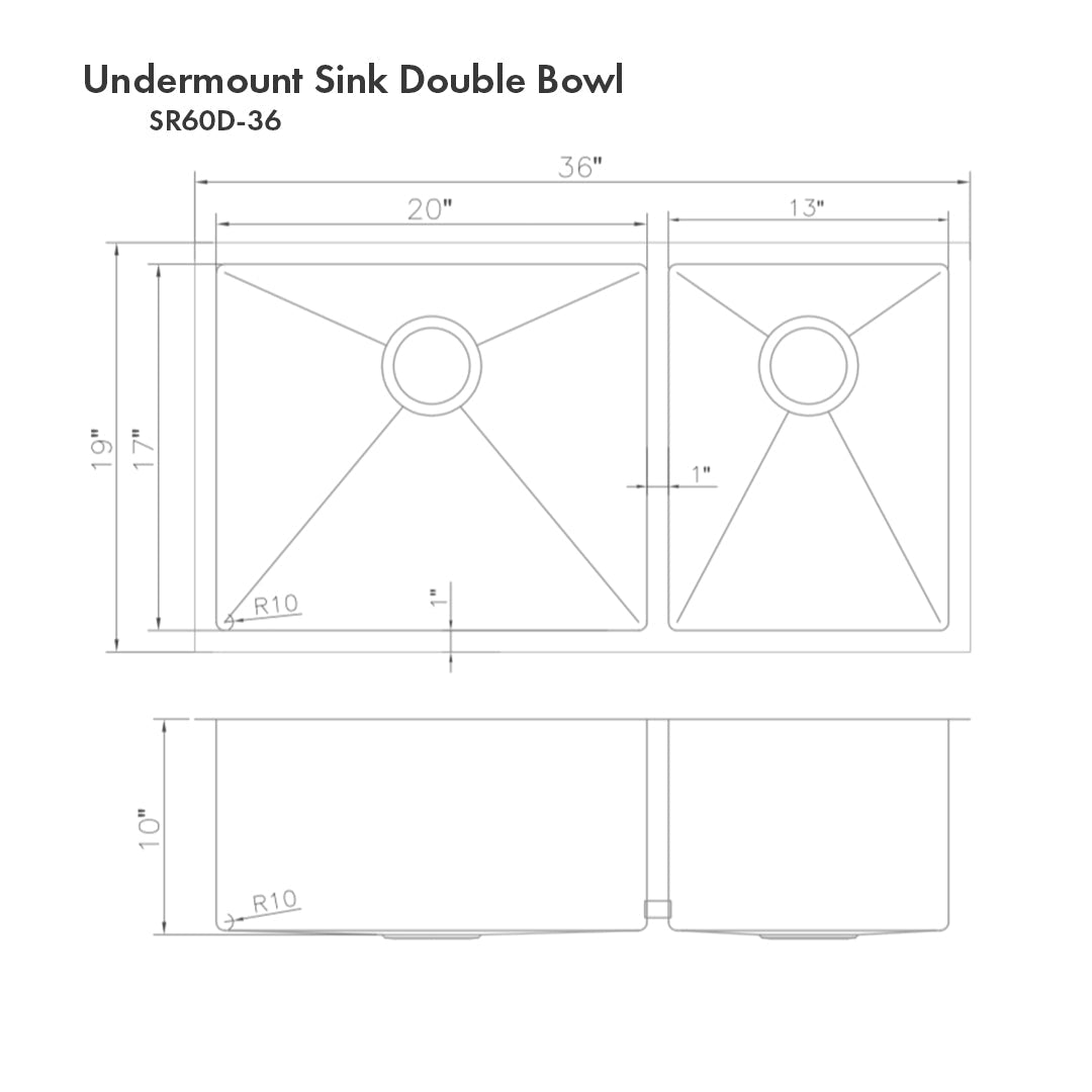 ZLINE Chamonix 36 in. Undermount Double Bowl Stainless Steel Kitchen Sink with Bottom Grid (SR60D-36) dimensional diagram.