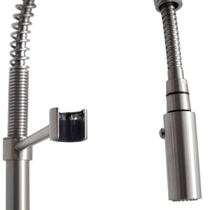 ZLINE Sierra Kitchen Faucet in Brushed Nickel (SRA-KF-BN) pull down spray wand and lock in dock.