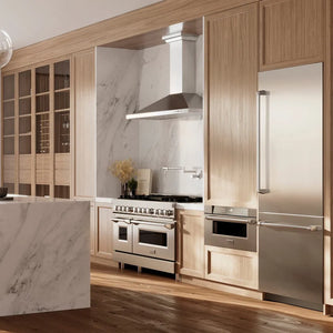 ZLINE 30 in. 16.1 cu. ft. Built-In Bottom Freezer Refrigerator with Water Dispenser and Ice Maker in Stainless Steel (RBIV-304-30) in a luxury kitchen.