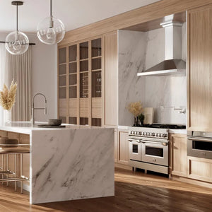 ZLINE 48 in. Convertible Vent Wall Mount Range Hood in Stainless Steel with Crown Molding (KBCRN-48) in a luxury kitchen.