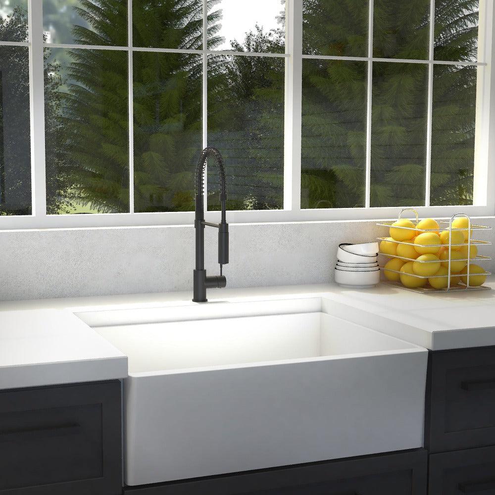 ZLINE Sierra Kitchen Faucet in Matte Black (SRA-KF-MB) in a cottage-style kitchen.