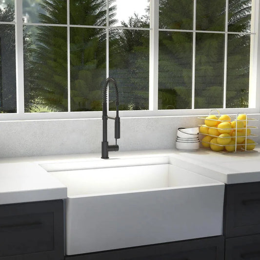ZLINE Sierra Pull Down Spring Single Handle Kitchen Faucet in Matte Black (SRA-KF-MB) in a cottage-style kitchen.