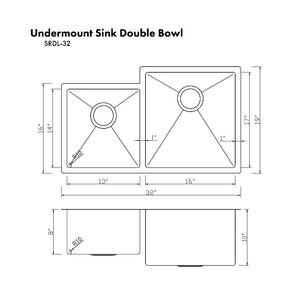 ZLINE Jackson 32 in. Undermount Double Bowl Stainless Steel Kitchen Sink with Bottom Grid (SRDL-32) dimensional diagram.