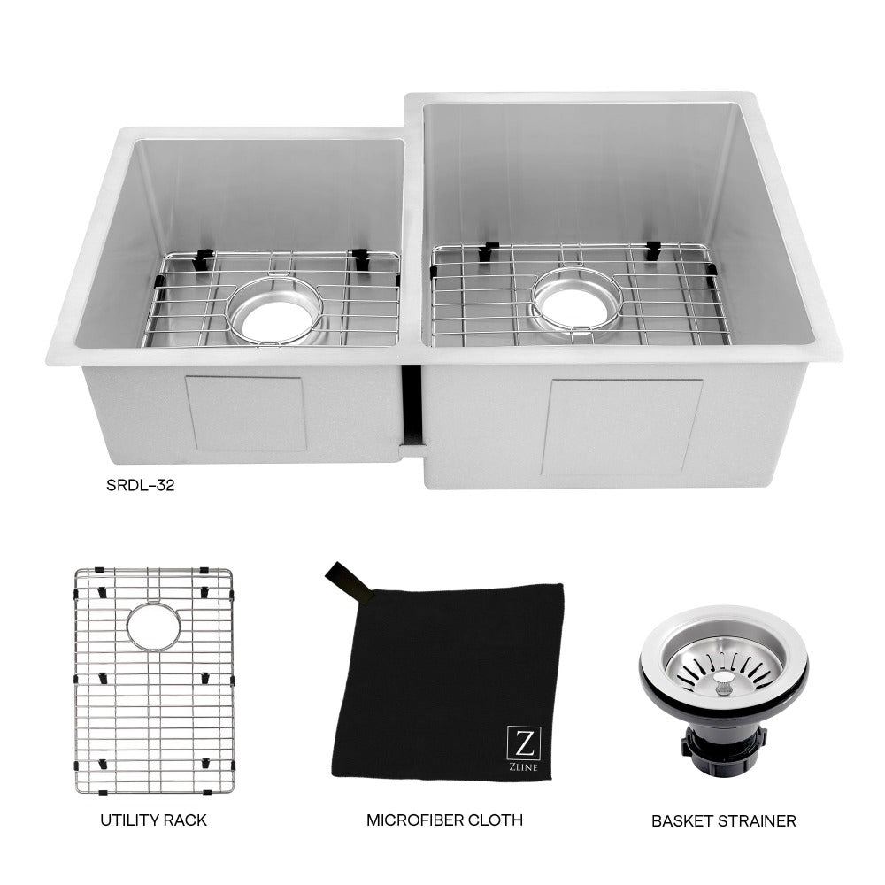 ZLINE Jackson 32 in. Undermount Double Bowl Stainless Steel Kitchen Sink with Bottom Grid (SRDL-32) with utility rack, microfiber cloth, and basket strainer.