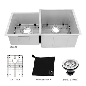 ZLINE Jackson 32 in. Undermount Double Bowl Stainless Steel Kitchen Sink with Bottom Grid (SRDL-32) with utility rack, microfiber cloth, and basket strainer.