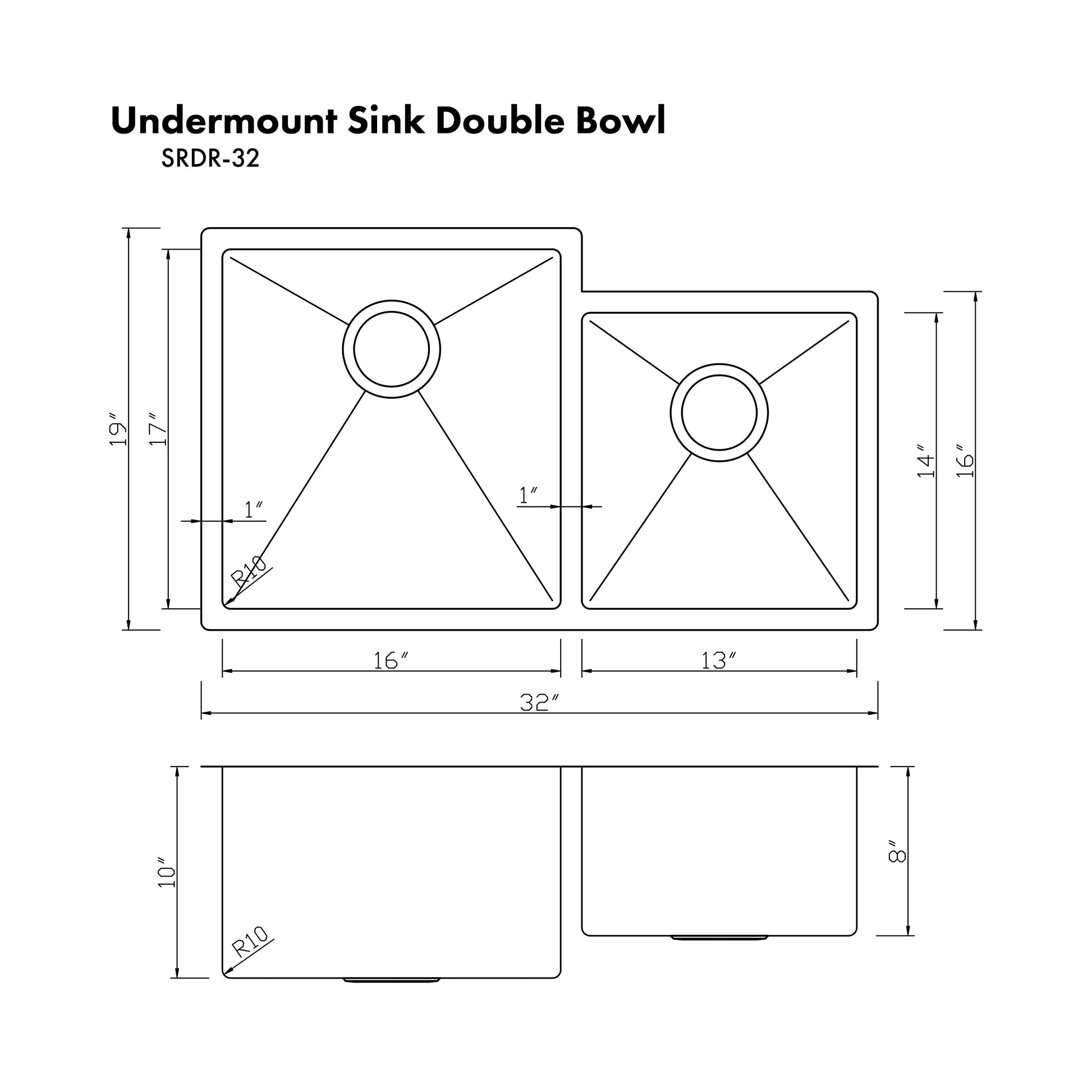 ZLINE Jackson 32 in. Undermount Double Bowl Stainless Steel Kitchen Sink with Bottom Grid (SRDR-32)