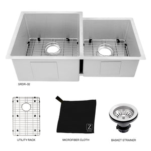 ZLINE Jackson 32 in. Undermount Double Bowl Stainless Steel Kitchen Sink with Bottom Grid (SRDR-32)