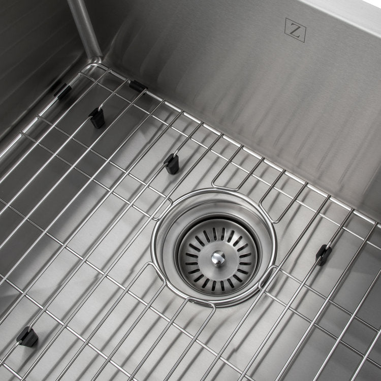 ZLINE Meribel 23 in. Undermount Single Bowl Stainless Steel Kitchen Sink with Bottom Grid (SRS-23) logo and basket strainer.