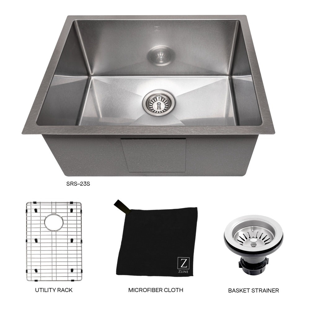 ZLINE Meribel 23 in. Undermount Single Bowl Scratch Resistant Stainless Steel Kitchen Sink with Bottom Grid (SRS-23S) separated components.