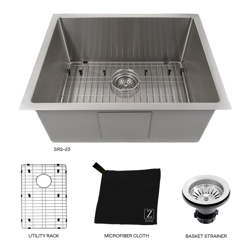 ZLINE Meribel 23 in. Undermount Single Bowl Stainless Steel Kitchen Sink with Bottom Grid (SRS-23) with utility rack, microfiber cloth, and basket strainer.