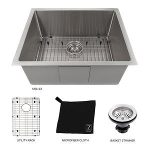 ZLINE Meribel 23 in. Undermount Single Bowl Stainless Steel Kitchen Sink with Bottom Grid (SRS-23) with utility rack, microfiber cloth, and basket strainer.