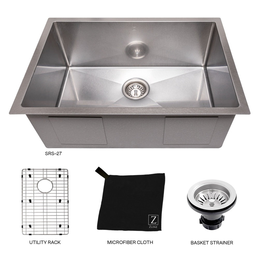 ZLINE Meribel 27 in. Undermount Single Bowl Stainless Steel Kitchen Sink with Bottom Grid (SRS-27) with utility rack, microfiber cloth, and basket strainer.