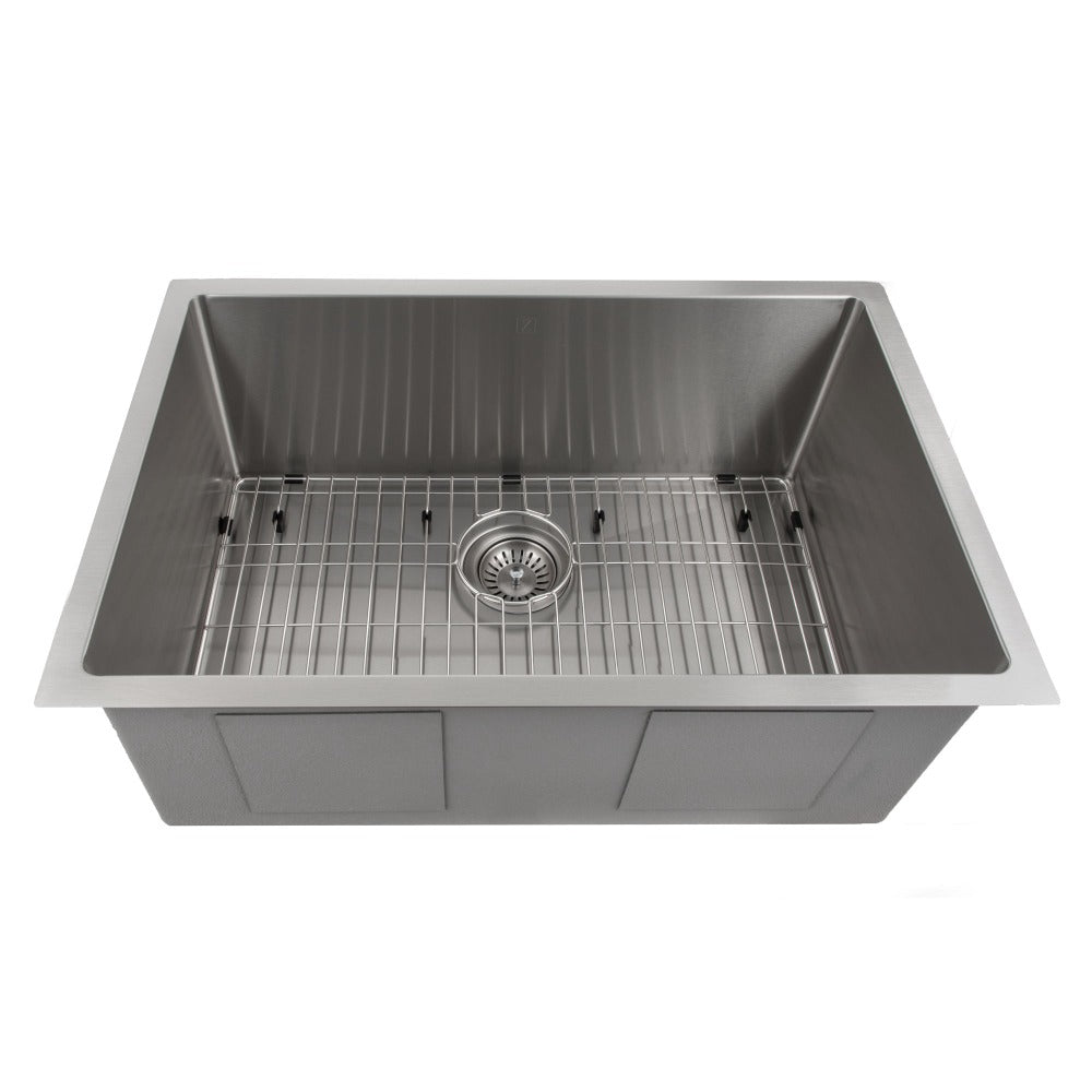 ZLINE Meribel 30 in. Undermount Single Bowl Stainless Steel Kitchen Sink with Bottom Grid (SRS-30) front.