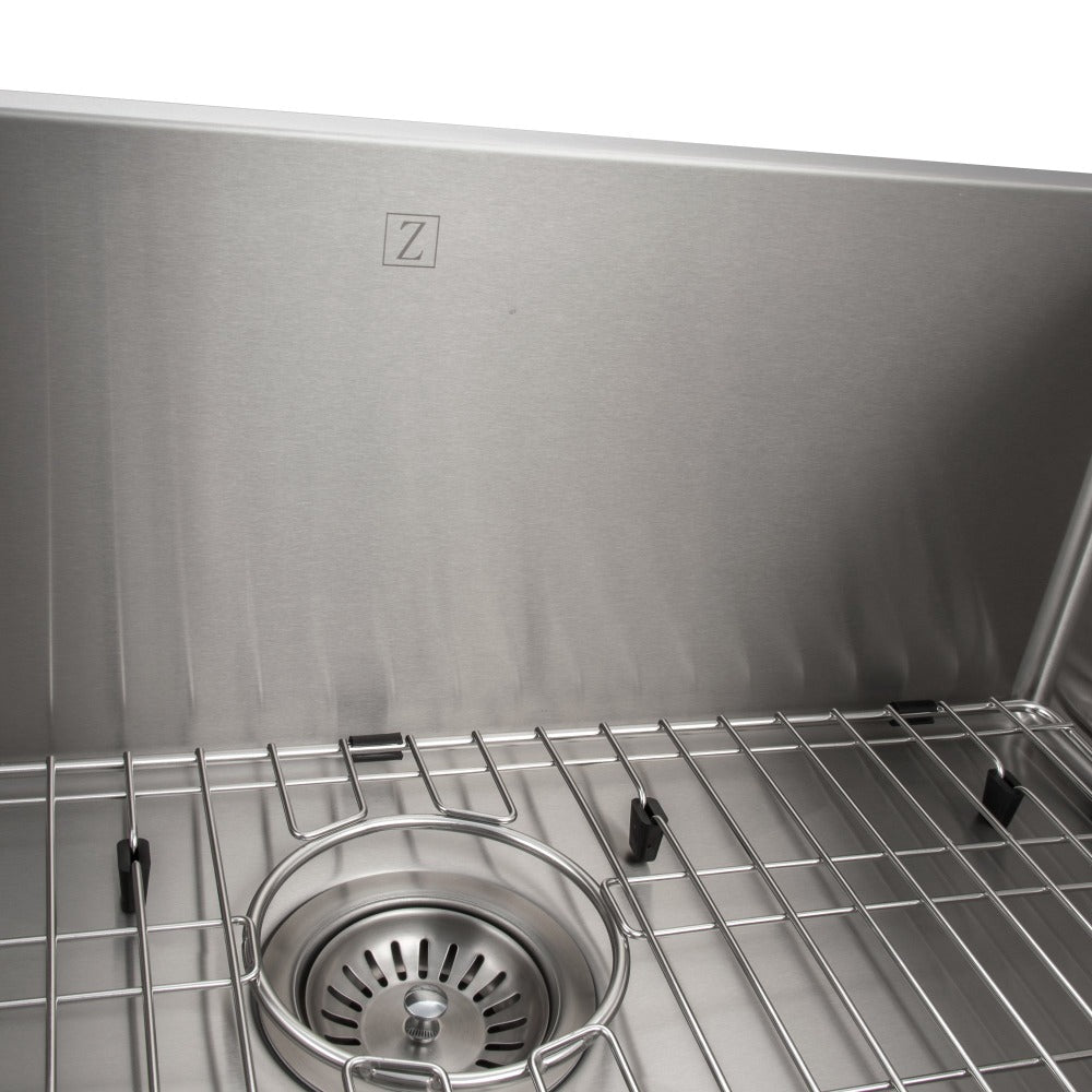 ZLINE Meribel 30 in. Undermount Single Bowl Stainless Steel Kitchen Sink with Bottom Grid (SRS-30) logo and basket strainer.