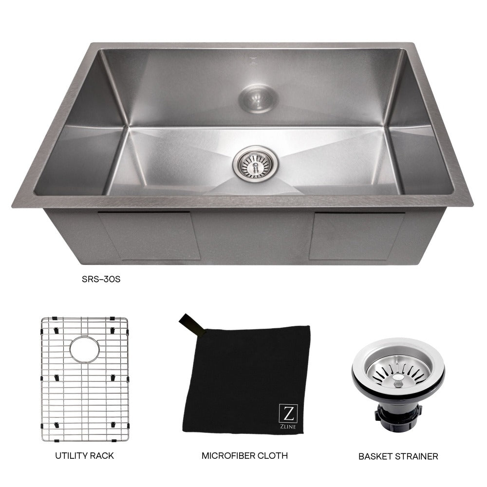 ZLINE Meribel 30 in. Undermount Single Bowl Scratch Resistant Stainless Steel Kitchen Sink with Bottom Grid (SRS-30S) separated components.