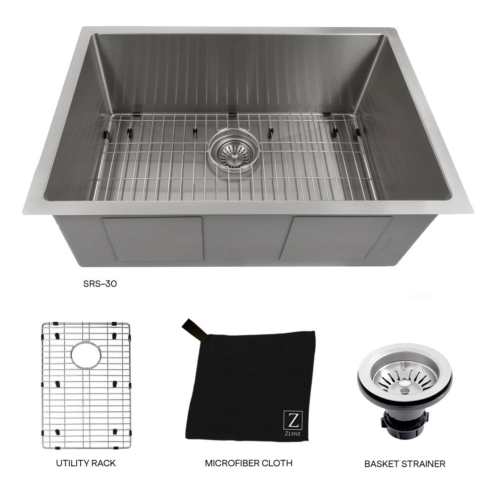 ZLINE Meribel 30 in. Undermount Single Bowl Stainless Steel Kitchen Sink with Bottom Grid (SRS-30) with utility rack, microfiber cloth, and basket strainer.