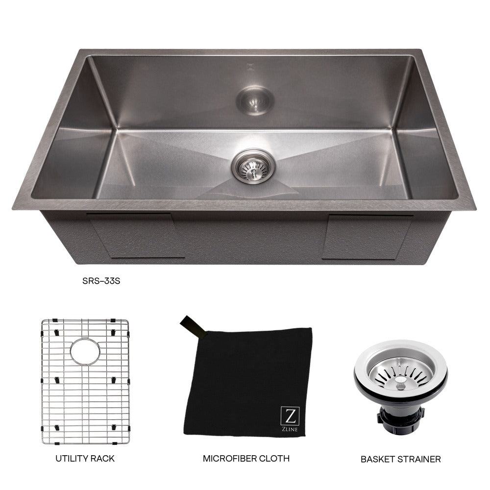 ZLINE Meribel 33 in. Undermount Single Bowl Scratch Resistant Stainless Steel Kitchen Sink with Bottom Grid (SRS-33S) separated components.