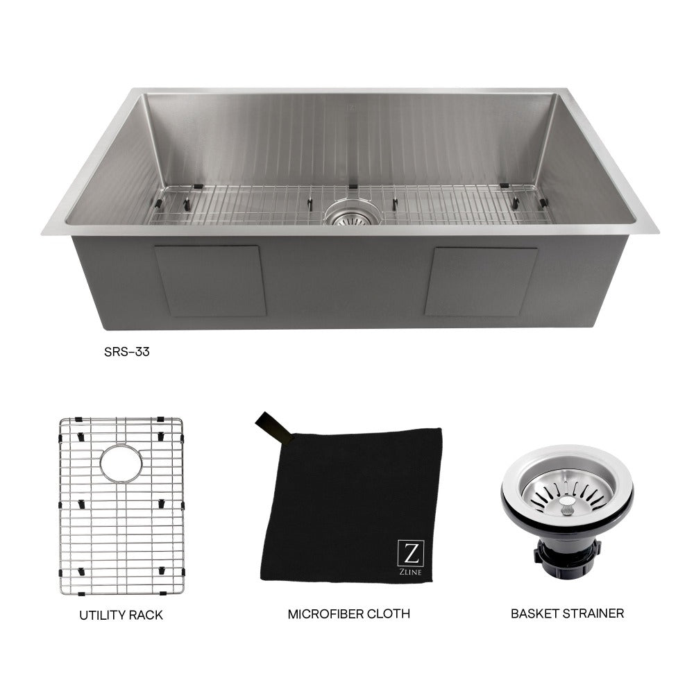 ZLINE Meribel 33 in. Undermount Single Bowl Stainless Steel Kitchen Sink with Bottom Grid (SRS-33) with utility rack, microfiber cloth, and basket strainer.