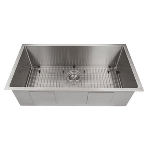 ZLINE Meribel 36 in. Undermount Single Bowl Stainless Steel Kitchen Sink with Bottom Grid (SRS-36) front.