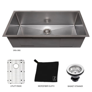 ZLINE Meribel 36 in. Undermount Single Bowl Scratch Resistant Stainless Steel Kitchen Sink with Bottom Grid (SRS-36S) with utility rack, microfiber cloth, and basket strainer.