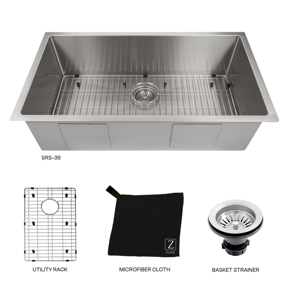 ZLINE Meribel 36 in. Undermount Single Bowl Stainless Steel Kitchen Sink with Bottom Grid (SRS-36) with utility rack, microfiber cloth, and basket strainer.